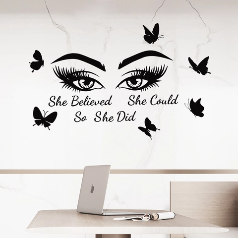 Artistic Eye Lash Butterfly Wall Sticker Motivational Quote She Believed She Could So She Did PVC DIY Home Decor Mural