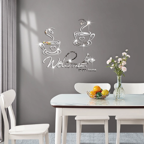 3D Acrylic Mirror Wall Sticker Coffee Cup Butterfly Welcome To Our Home DIY Self Adhesive Wall Decal For Living Dining Room