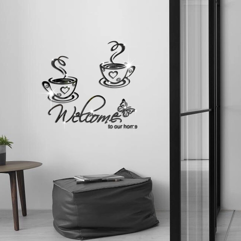 3D Acrylic Mirror Wall Sticker Coffee Cup Butterfly Welcome To Our Home DIY Self Adhesive Wall Decal For Living Dining Room