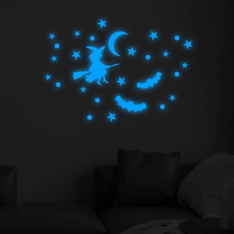 Halloween Leuchtende Wandaufkleber Blau Fluoreszierend Hexe Mond Fledermaus Sterne Abnehmbare PVC Dekoration Für Kinderzimmer