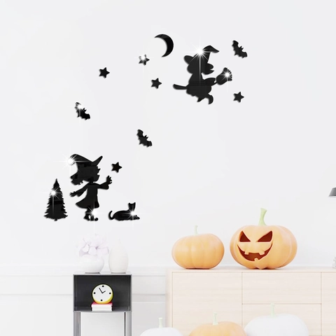 Halloween Mirror Acrylic Wall Stickers Little Witch Moon Stars Bat Removable DIY Reflective Decal Home Party Decor