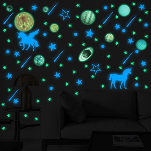 Adesivi Murali Fluorescenti al Buio Pianeta Unicorno Stella Decalcomanie per Soffitto Camera Bambini Tema Spaziale