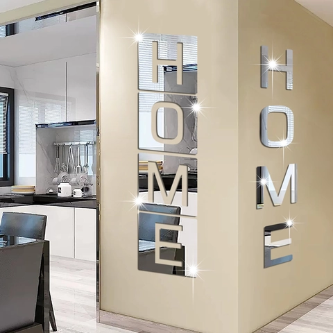 Adesivo da Parete a Specchio in Acrilico Design Lettere HOME 3D Stereo Autoadesivo per Soggiorno Camera da Letto Sfondo TV Casa