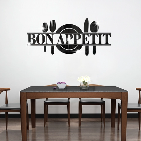 Modern Bon Appetit Mirror Wall Sticker Acrylic 3D Cutlery Decal For Kitchen Dining Room Waterproof Home Wall Decoration