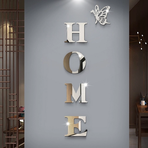 Pegatina de Pared de Espejo de Acrílico 3D Letras HOME Mariposa DIY Calcomanías Para Sala de Estar Dormitorio Decoración
