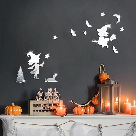 Halloween Mirror Acrylic Wall Stickers Little Witch Moon Stars Bat Removable DIY Reflective Decal Home Party Decor