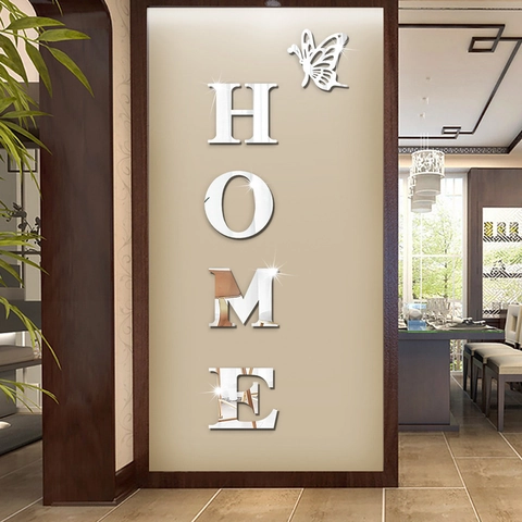 Pegatina de Pared de Espejo de Acrílico 3D Letras HOME Mariposa DIY Calcomanías Para Sala de Estar Dormitorio Decoración