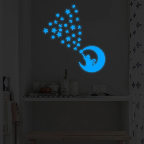 Luminous Moon Cat Wall Stickers Blue Glow Stars And Dots Wall Decals For Kids Bedroom Nursery Room Decor Modern Home Stickers