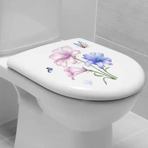 Autocollant de Siège de Toilette Aquarelle Fleur de Lys Papillon PVC Imperméable Auto-adhésif Décoration de Salle de Bain