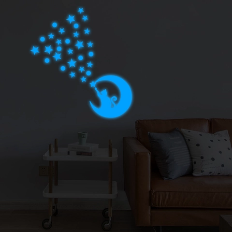 Luminous Moon Cat Wall Stickers Blue Glow Stars And Dots Wall Decals For Kids Bedroom Nursery Room Decor Modern Home Stickers