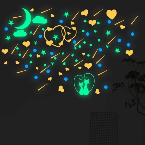 Creative DIY Glow In The Dark PET Wall Stickers Fluorescent Star Moon Heart Cat Decals For Kids Bedroom Home Decor Self Adhesive