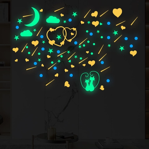 Creative DIY Glow In The Dark PET Wall Stickers Fluorescent Star Moon Heart Cat Decals For Kids Bedroom Home Decor Self Adhesive