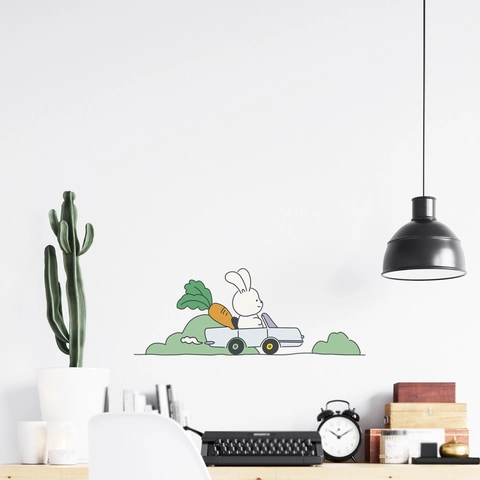 Mignon Lapin Dessin Animé Conduit Voiture Sticker Mural PVC Auto-Adhésif Amovible Motif Carotte Décor Chambre Enfant
