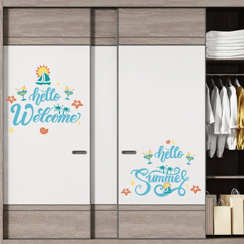 Calcomanías de Pared Hello Welcome Playa de Verano PVC Impermeable Pegatinas Tema Tropical Para Sala de Estar Dormitorio Baño
