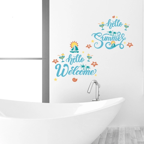 Calcomanías de Pared Hello Welcome Playa de Verano PVC Impermeable Pegatinas Tema Tropical Para Sala de Estar Dormitorio Baño
