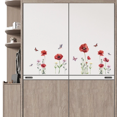 Aquarell Roter Mohn Blume Und Bunter Schmetterling Wandaufkleber Selbstklebende PVC Dekor Für Wohnzimmer Schlafzimmer Zuhause