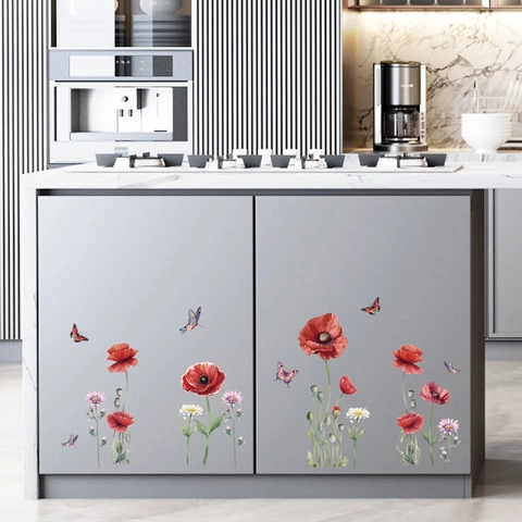 Aquarell Roter Mohn Blume Und Bunter Schmetterling Wandaufkleber Selbstklebende PVC Dekor Für Wohnzimmer Schlafzimmer Zuhause