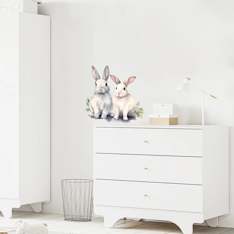 Simpatici Adesivi da Parete Con Coniglietto ad Acquerello in PVC Impermeabile per Cameretta Bambini Camera da Letto Decalcomania
