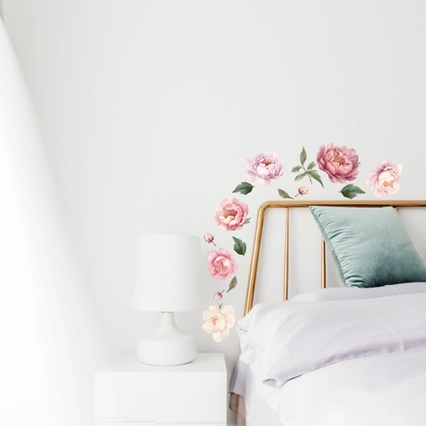 Watercolor Pink Peony Flower Wall Stickers Removable PVC Floral Wall Decals For Bedroom Living Room Cabinet Decoration