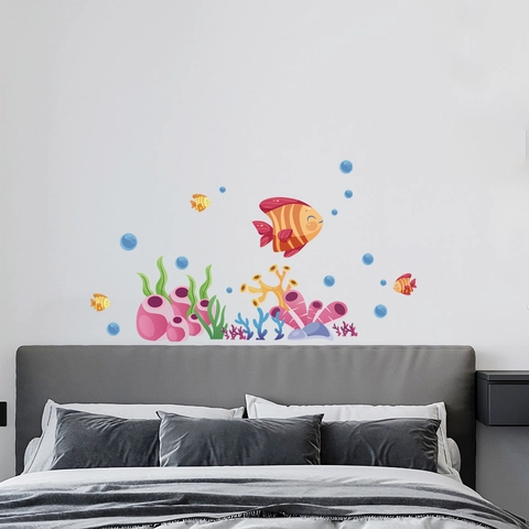 Cartoon Oceaan Onderwaterwereld Muurstickers Voor Kinderkamer Badkamer PVC Zeedieren Vis Koraal Bubbels Zelfklevende Muursticker