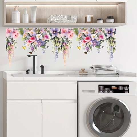 Pegatina de Pared de Enredadera de Flores en Acuarela PVC Mariposas Florales Calcomanía Removible para Sala de Estar Dormitorio Armario