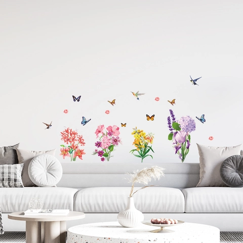 Aquarell Blume Vogel Schmetterling Wandaufkleber Wasserdicht PVC Selbstklebend Wandtattoo Für Wohnzimmer Schlafzimmer Deko