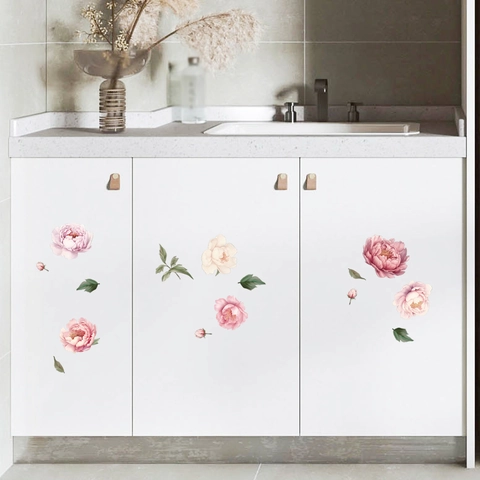 Watercolor Pink Peony Flower Wall Stickers Removable PVC Floral Wall Decals For Bedroom Living Room Cabinet Decoration