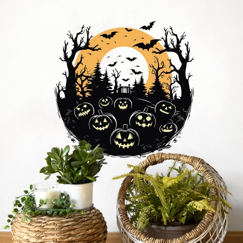 Halloween Kürbis Fledermaus Silhouette Wandtattoo PVC Abnehmbare Mond Baum Fenster Aufkleber Für Wohnzimmer Party Deko
