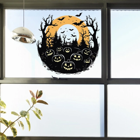 Halloween Kürbis Fledermaus Silhouette Wandtattoo PVC Abnehmbare Mond Baum Fenster Aufkleber Für Wohnzimmer Party Deko