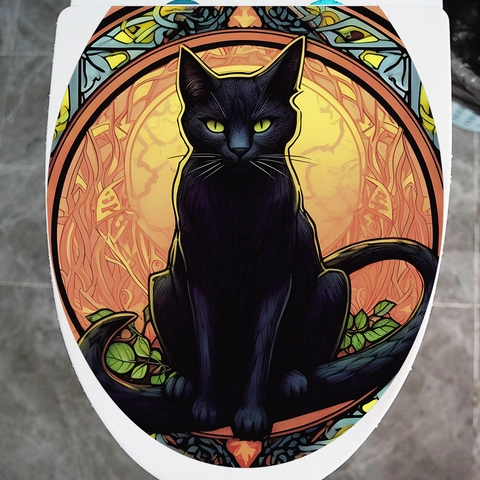 Halloween Artistic Black Cat Toilet Lid Sticker Stained Glass Style Waterproof PVC Self Adhesive Bathroom Decal Home Decor