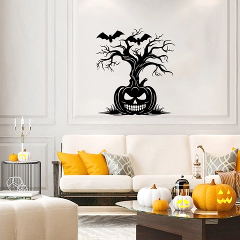 Adesivo da Parete Albero di Zucca di Halloween Silhouette di Pipistrello Nero PVC Impermeabile Rimovibile per Soggiorno Casa