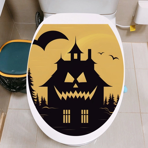 Adesivo per Sedile Gabinetto Halloween in PVC Autoadesivo Casa Stregata Zucca Pipistrello Silhouette Bagno Decorazione