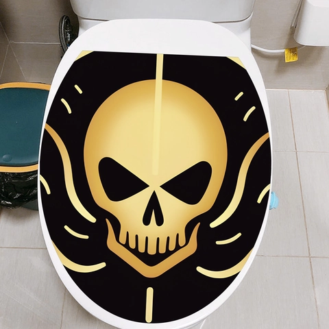 Sticker de Toilette Crâne Doré Halloween PVC Imperméable Décalcomanie de Salle de Bain Amovible Gothic Punk Décor de Toilette