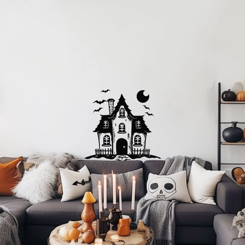 Halloween Wall Sticker Haunted House Bats Moon Silhouette Black PVC Decal For Home Party Decor Living Room Window Sticker