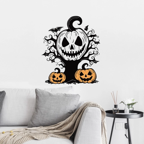 Adesivo da Parete di Halloween Con Zucca e Teschio in PVC Impermeabile Pipistrello Albero Appassito per Arredo Festa