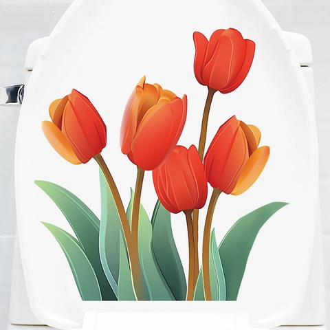 Pegatina de Inodoro de PVC Impermeable con Flor de Tulipán Calcomanía de Pared de Baño Autoadhesiva Removible Decoración