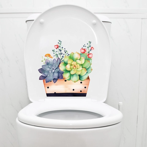Adesivo per WC con Piante Grasse ad Acquerello in PVC Impermeabile Autoadesivo per Coperchio WC Decorazione Bagno