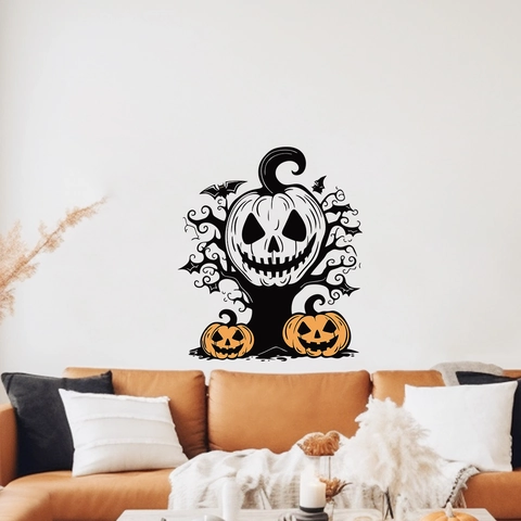 Adesivo da Parete di Halloween Con Zucca e Teschio in PVC Impermeabile Pipistrello Albero Appassito per Arredo Festa