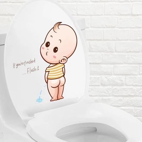 Funny Cartoon Boy Urinating Toilet Lid Sticker Waterproof Removable PVC Decorative Decal With Reminder For Bathroom Toilet