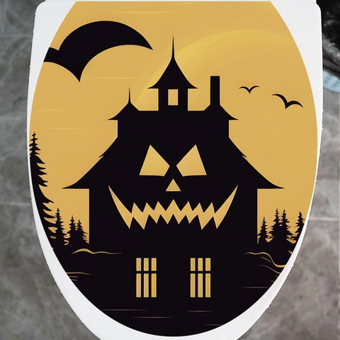 Adesivo per Sedile Gabinetto Halloween in PVC Autoadesivo Casa Stregata Zucca Pipistrello Silhouette Bagno Decorazione