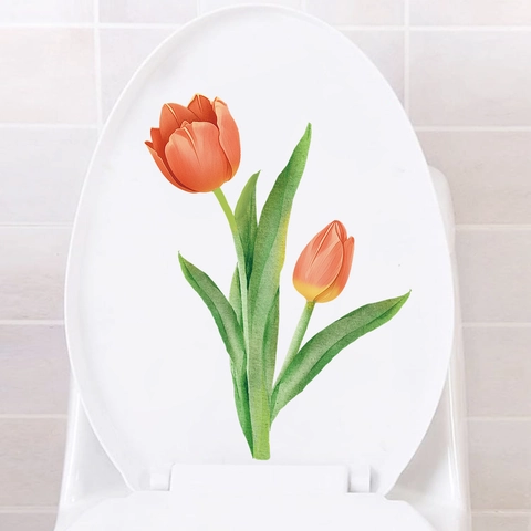 Pegatina de Tapa de Inodoro de PVC con Flor de Tulipán en Acuarela Removible Autoadhesiva Decoración de Baño Floral