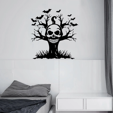 Halloween Wall Sticker Terror Skull Tree Bats Silhouette Self Adhesive PVC Wall Decor For Living Room Glass Window Shop