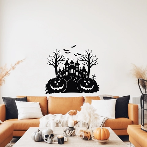 Halloween Schloss Silhouette Wandtattoo Schwarz PVC Kürbis Fledermaus DIY Aufkleber Für Wohnzimmer Fenster Deko