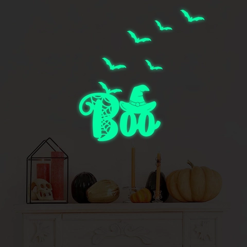 Pegatinas De Pared De Halloween Que Brillan En La Oscuridad Letras Boo Murciélagos Sombrero De Bruja Para Decoración De Fiesta