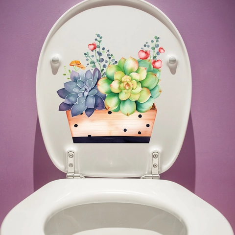 Adesivo per WC con Piante Grasse ad Acquerello in PVC Impermeabile Autoadesivo per Coperchio WC Decorazione Bagno