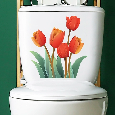 Pegatina de Inodoro de PVC Impermeable con Flor de Tulipán Calcomanía de Pared de Baño Autoadhesiva Removible Decoración