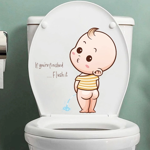 Funny Cartoon Boy Urinating Toilet Lid Sticker Waterproof Removable PVC Decorative Decal With Reminder For Bathroom Toilet