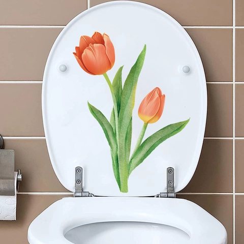 Pegatina de Tapa de Inodoro de PVC con Flor de Tulipán en Acuarela Removible Autoadhesiva Decoración de Baño Floral