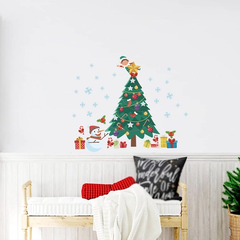 Weihnachtsbaum Schneemann PVC Wandaufkleber Selbstklebend Winter Schneeflocken Fensteraufkleber Für Haus Feiertag Dekoration