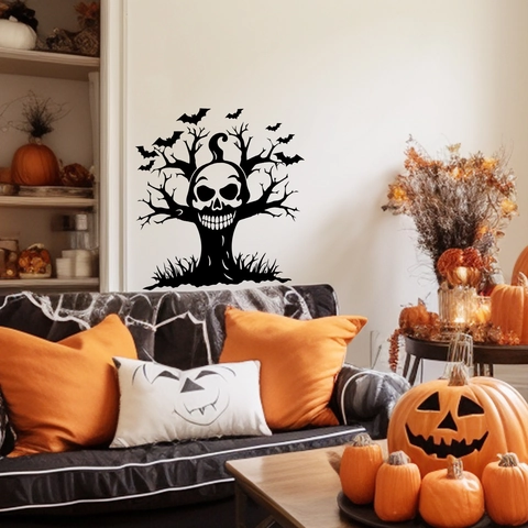 Halloween Wall Sticker Terror Skull Tree Bats Silhouette Self Adhesive PVC Wall Decor For Living Room Glass Window Shop